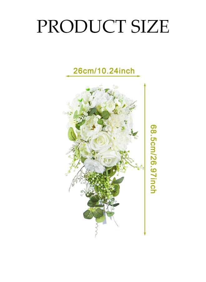DUNISO Wedding Bouquets for Bride, White Green Cascade Bouquet, Cascading Wedding Bouquet, Bridal Bouquet, Rose Artificial Flowers for Boho Rustic Wedding Ceremony Anniversary - Image 2